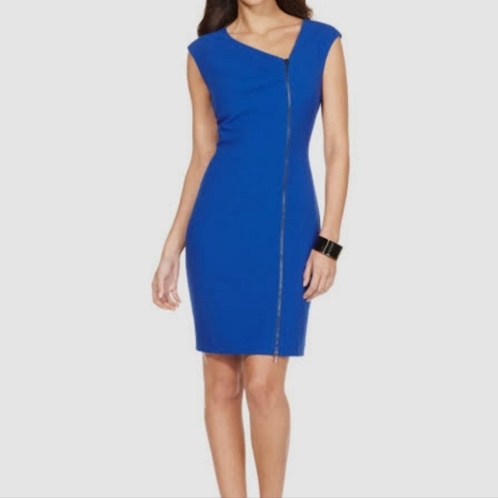 NWT Calvin Klein Zip Pleated Sheath Dress Blue Sz 14 Atlantis